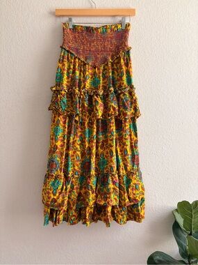 House of Harlow 1960 yellow floral Boho Bohemian  tiered maxi skirt XS